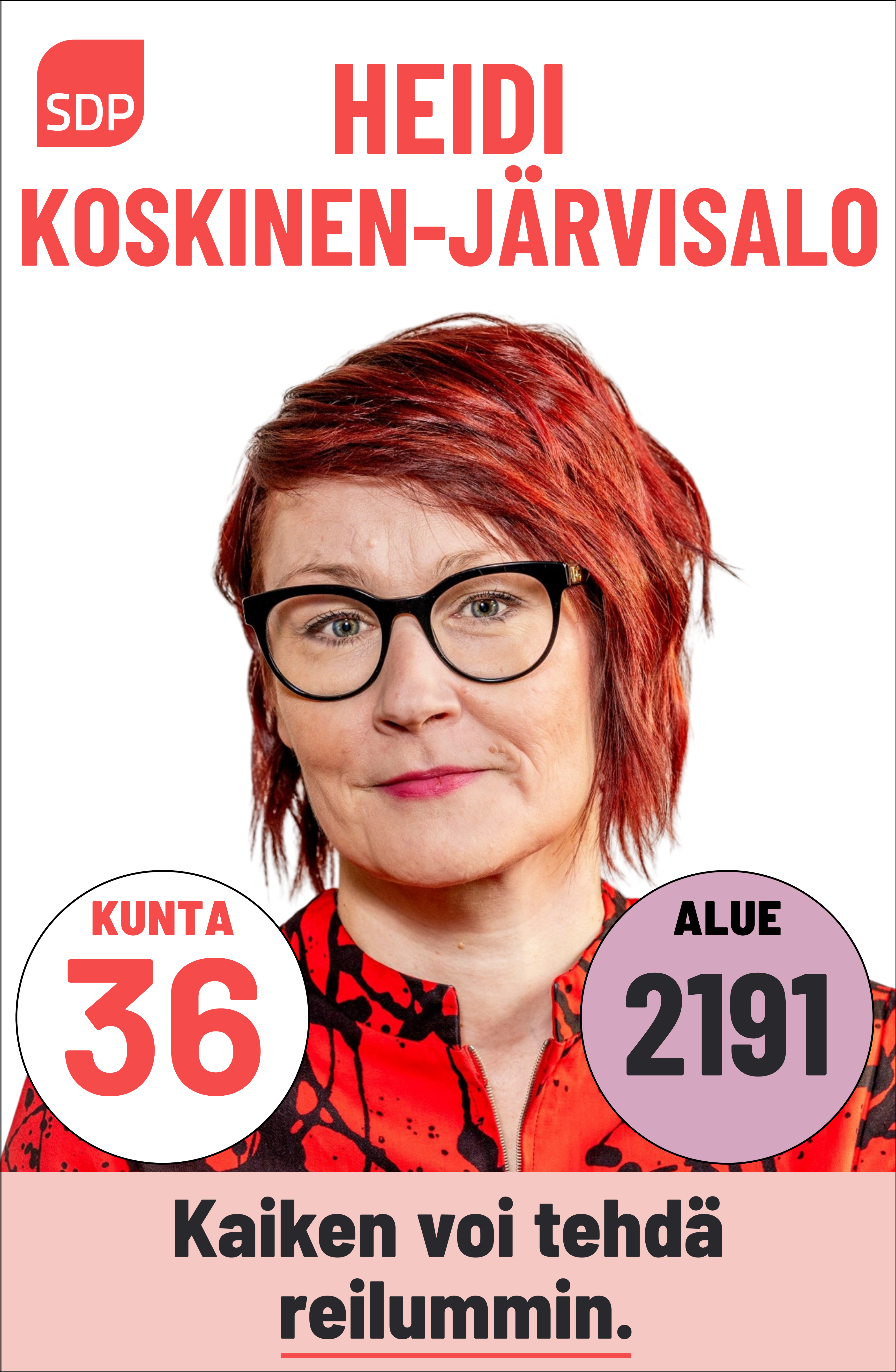 Kuvassa on SDP:n ehdokas Heidi Koskinen-Järvisalo. Häntä voi äänestää Kouvolassa kuntavaaleissa numerolla 36 ja Kymenlaaksossa aluevaaleissa numerolla 2191.
