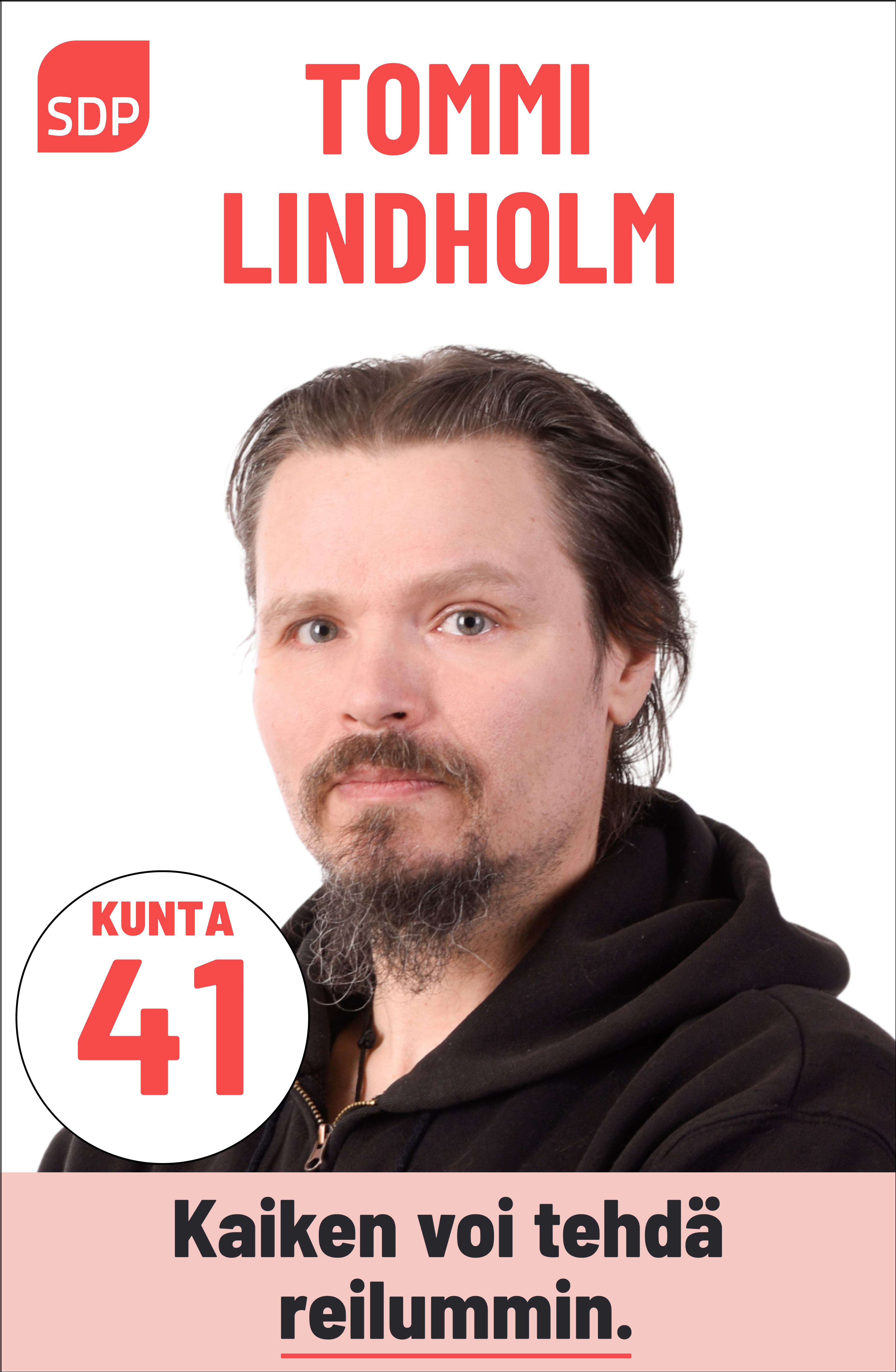 Kuvassa on SDP:n ehdokas Tommi Lindholm. Häntä voi äänestää Kouvolassa kuntavaaleissa numerolla 41.
