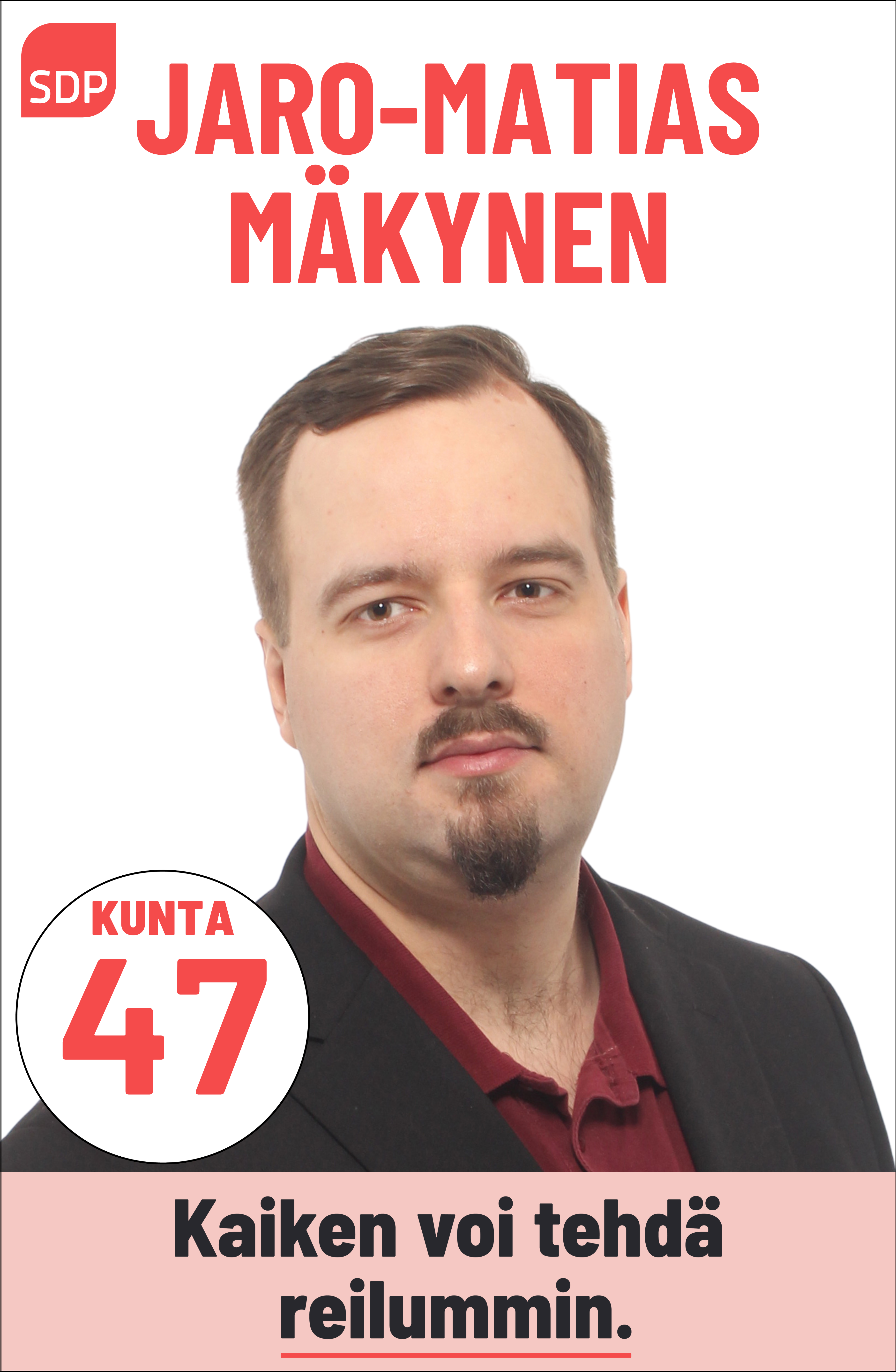 Kuvassa on SDP:n ehdokas Jaro-Matias Mäkynen. Häntä voi äänestää Kouvolassa kuntavaaleissa numerolla 47.