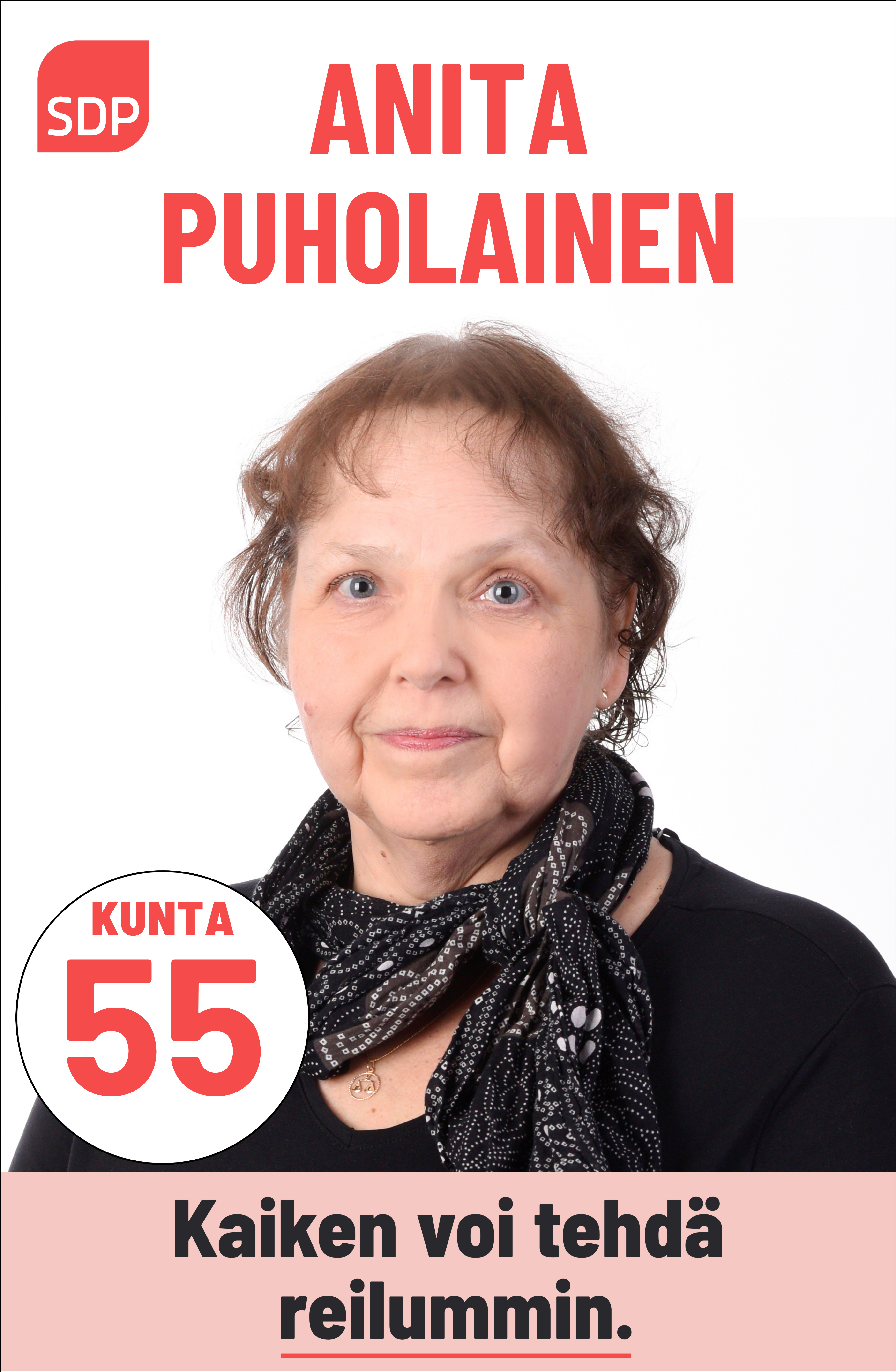 Kuvassa on SDP:n ehdokas Anita Puholainen. Häntä voi äänestää Kouvolassa kuntavaaleissa numerolla 55.