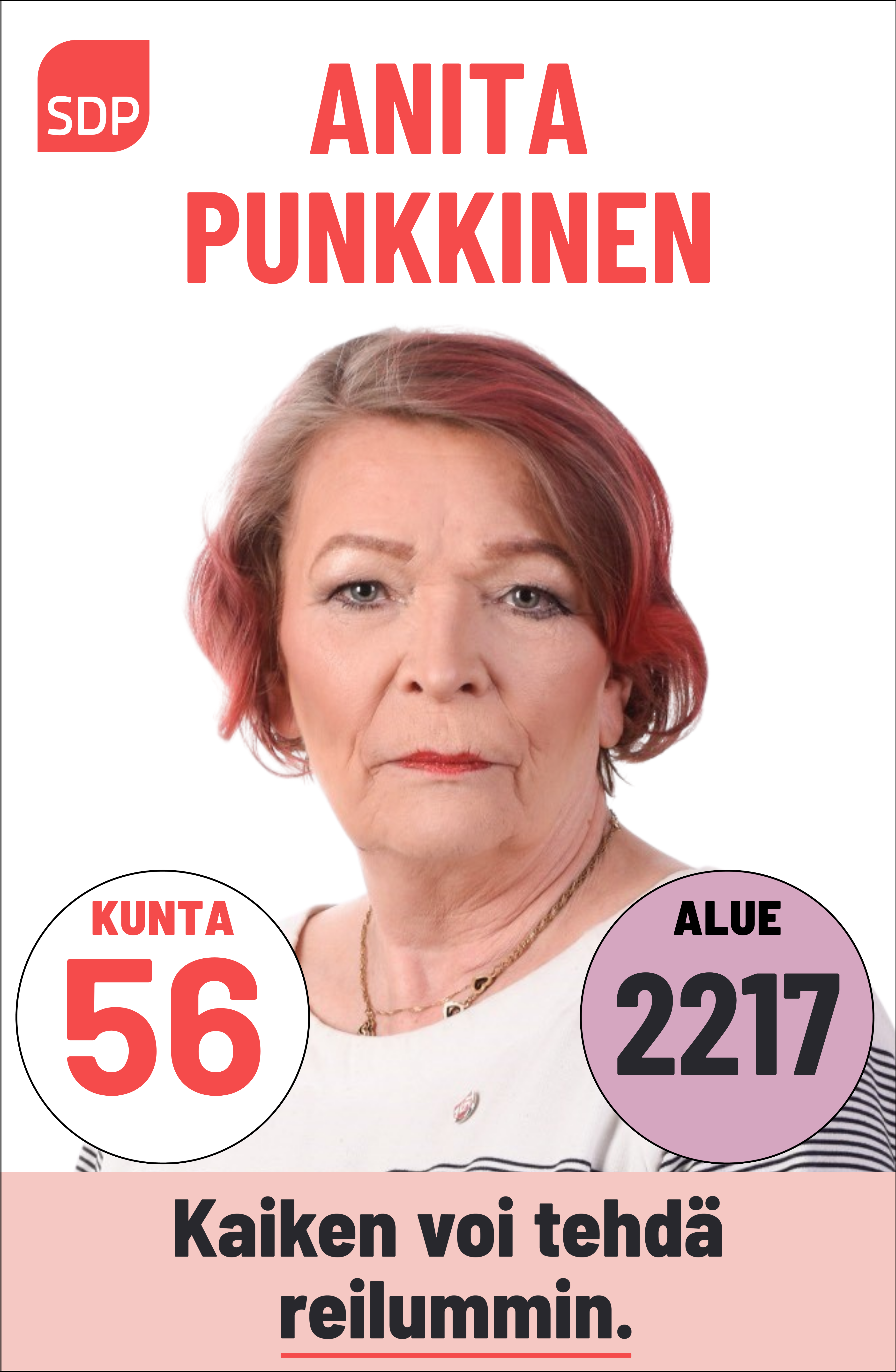 Kuvassa on SDP:n ehdokas Anita Punkkinen. Häntä voi äänestää Kouvolassa kuntavaaleissa numerolla 56 ja Kymenlaaksossa aluevaaleissa numerolla 2217.