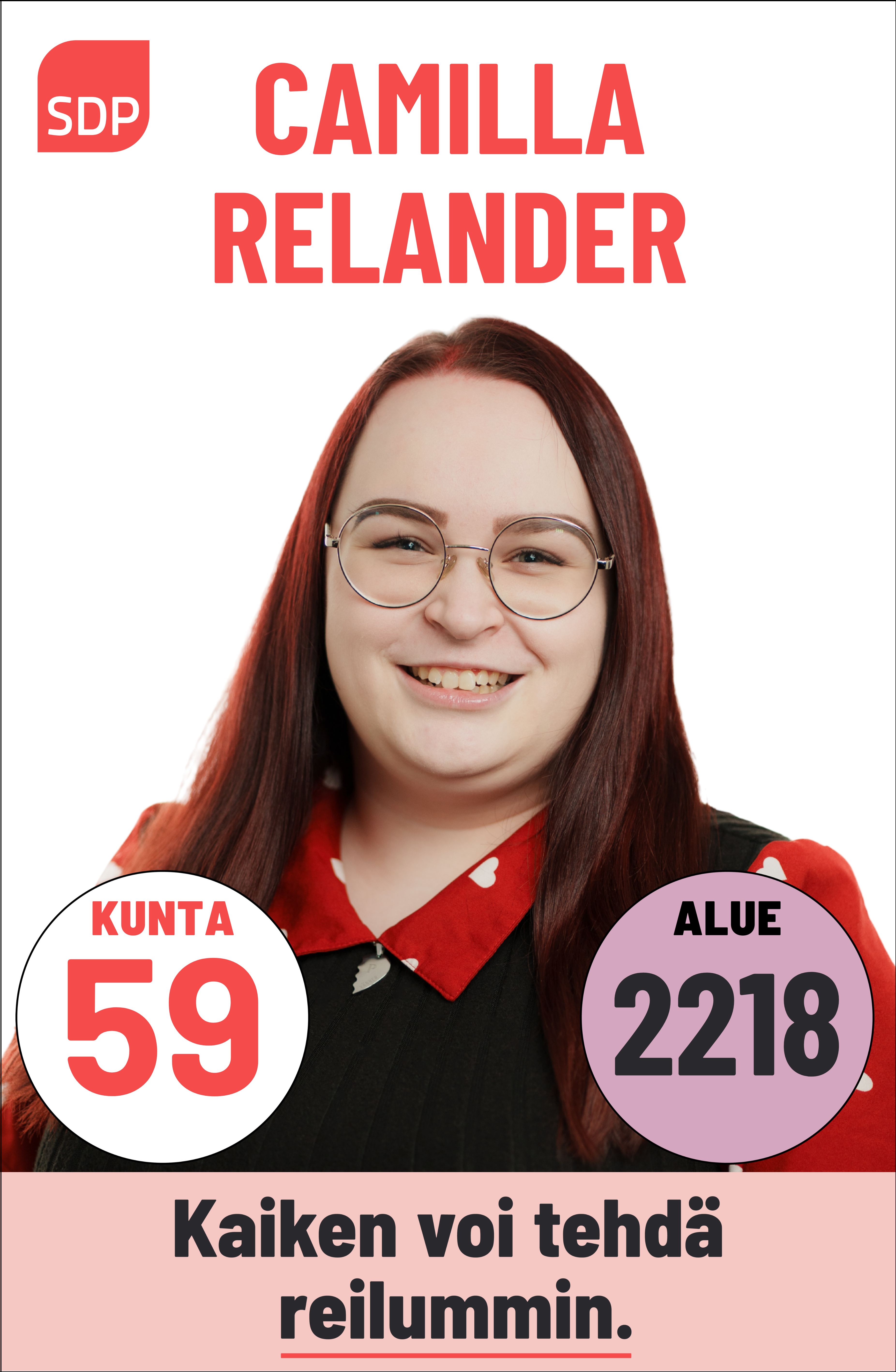 Kuvassa on SDP:n ehdokas Camilla Relander. Häntä voi äänestää Kouvolassa kuntavaaleissa numerolla 59 ja Kymenlaaksossa aluevaaleissa numerolla 2218.