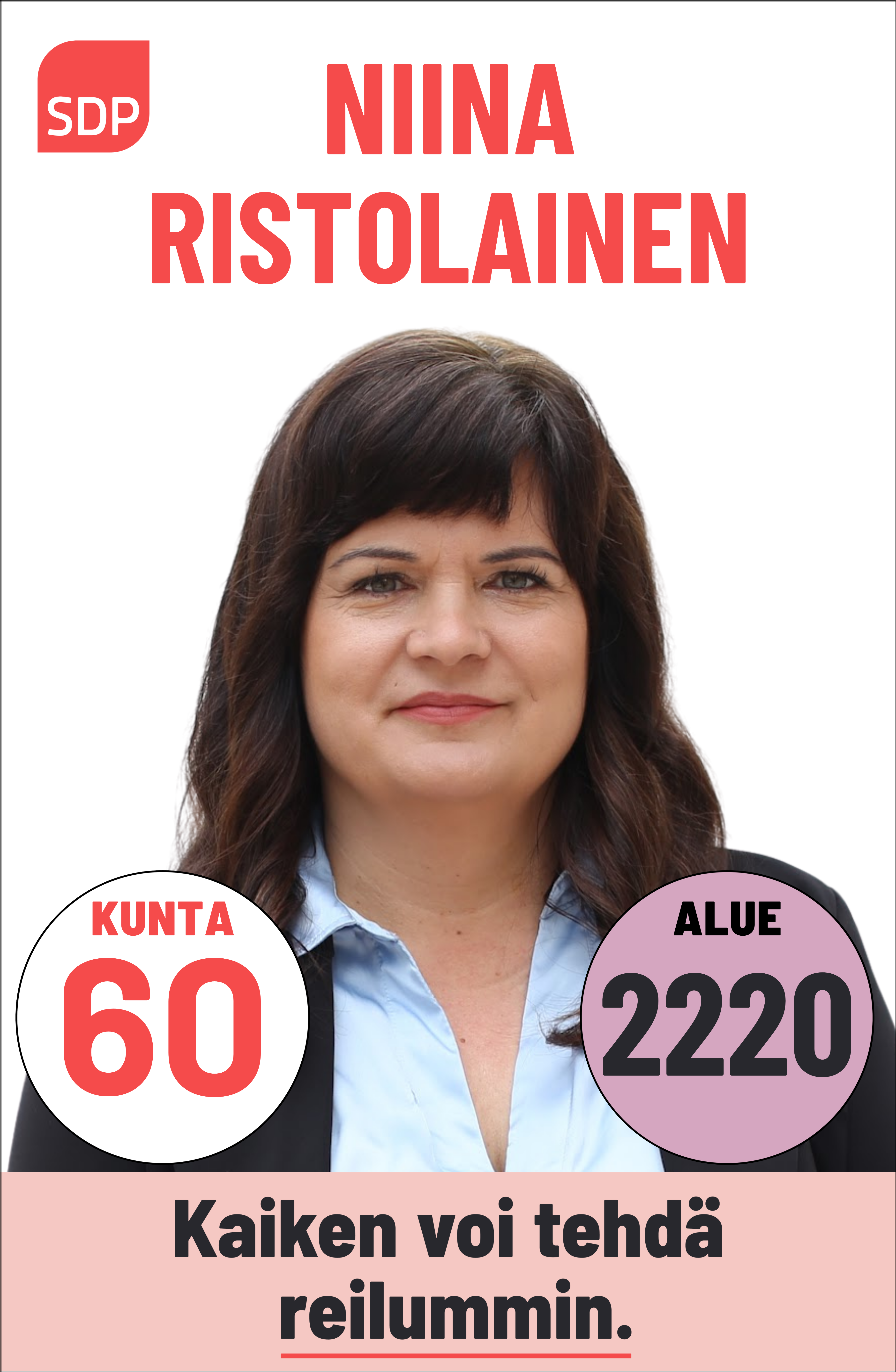 Kuvassa on SDP:n ehdokas Niina Ristolainen. Häntä voi äänestää Kouvolassa kuntavaaleissa numerolla 60 ja Kymenlaaksossa aluevaaleissa numerolla 2220.