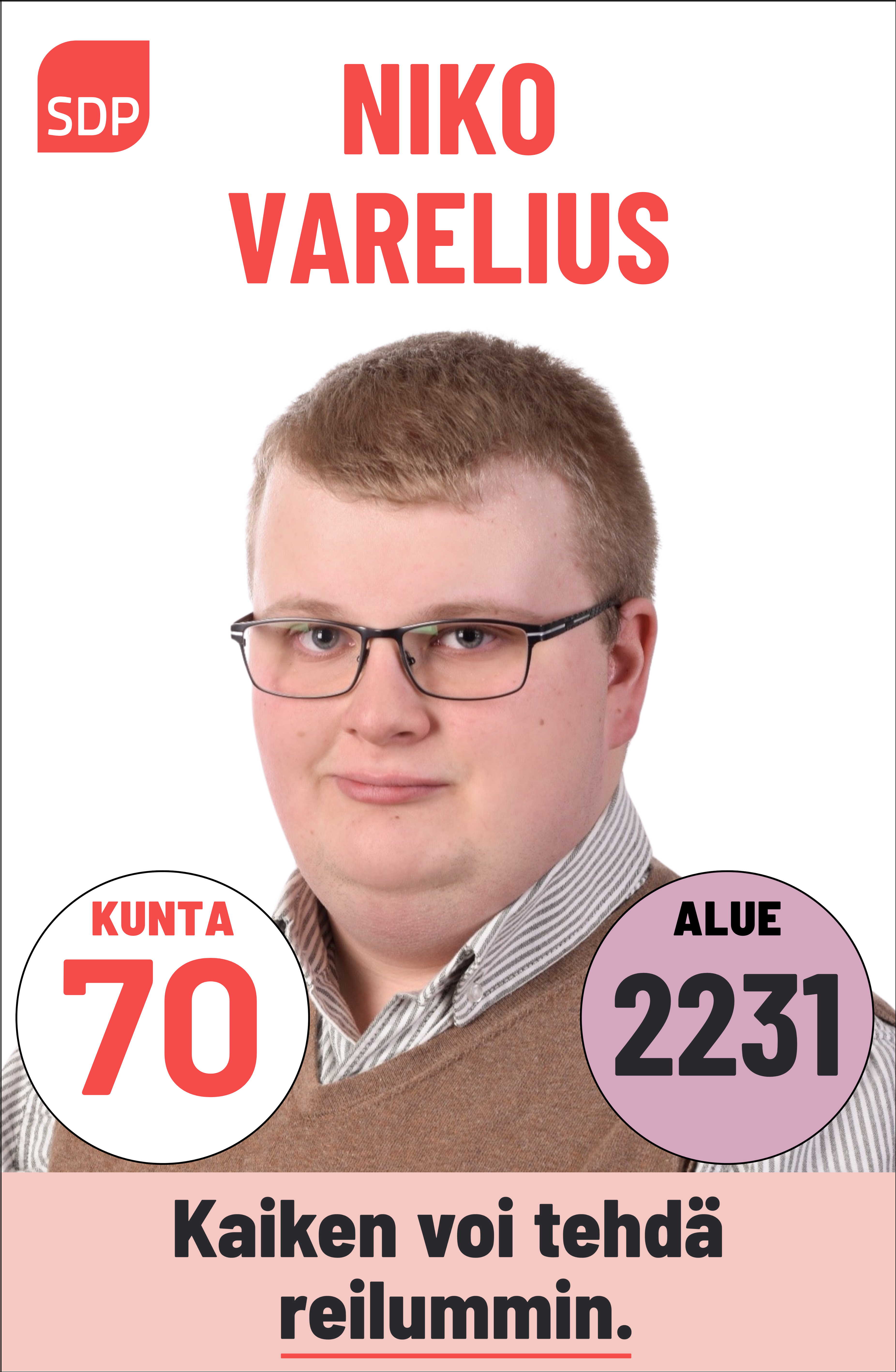 Kuvassa on SDP:n ehdokas Niko Varelius. Häntä voi äänestää Kouvolassa kuntavaaleissa numerolla 70 ja Kymenlaaksossa aluevaaleissa numerolla 2231.
