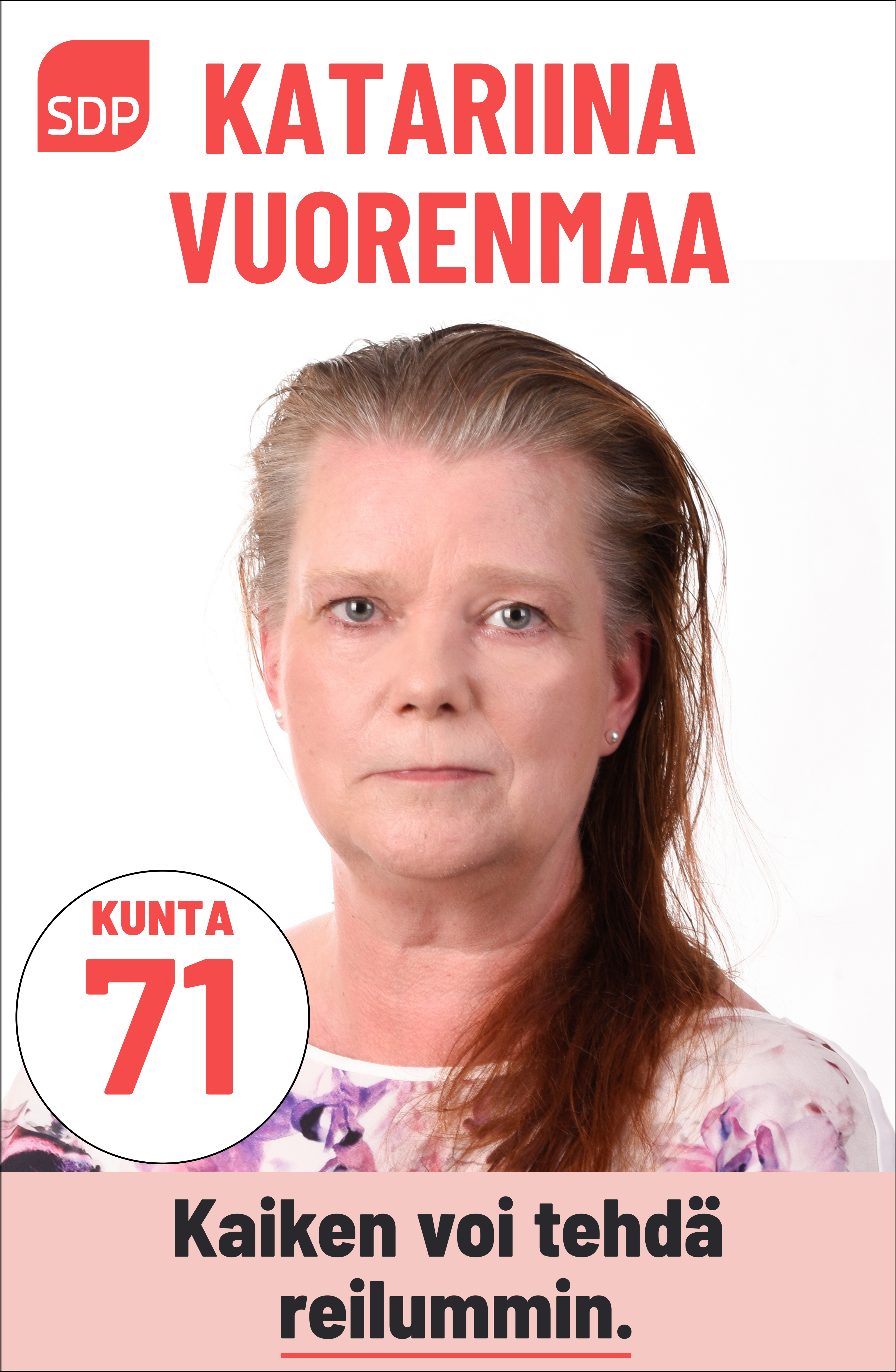 Kuvassa on SDP:n ehdokas Katariina Vuorenmaa. Häntä voi äänestää Kouvolassa kuntavaaleissa numerolla 71.